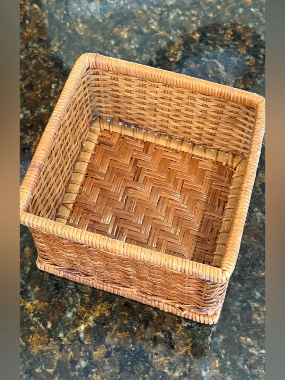 Vintage Woven Wicker Cocktail Napkin Holder - Mid Century Boho Square Basket